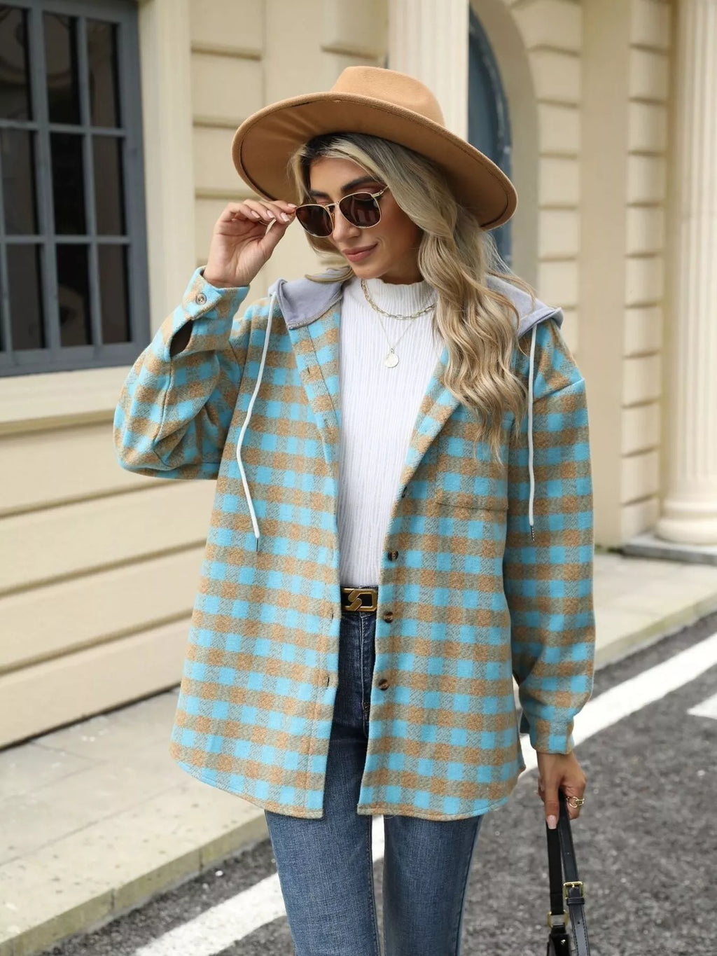 Plaid Button Up Long Sleeve Drawstring Hooded Jacket