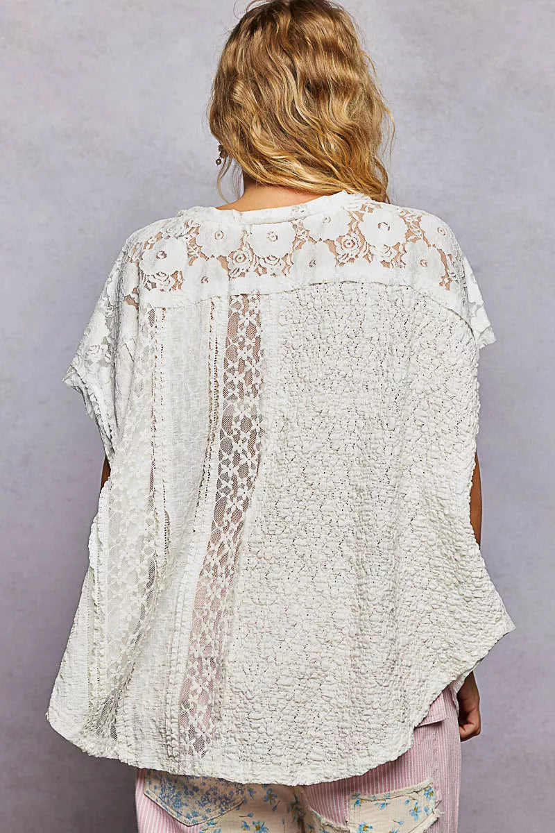 POL Asymmetrical V-Neck Short Sleeve Lace Top