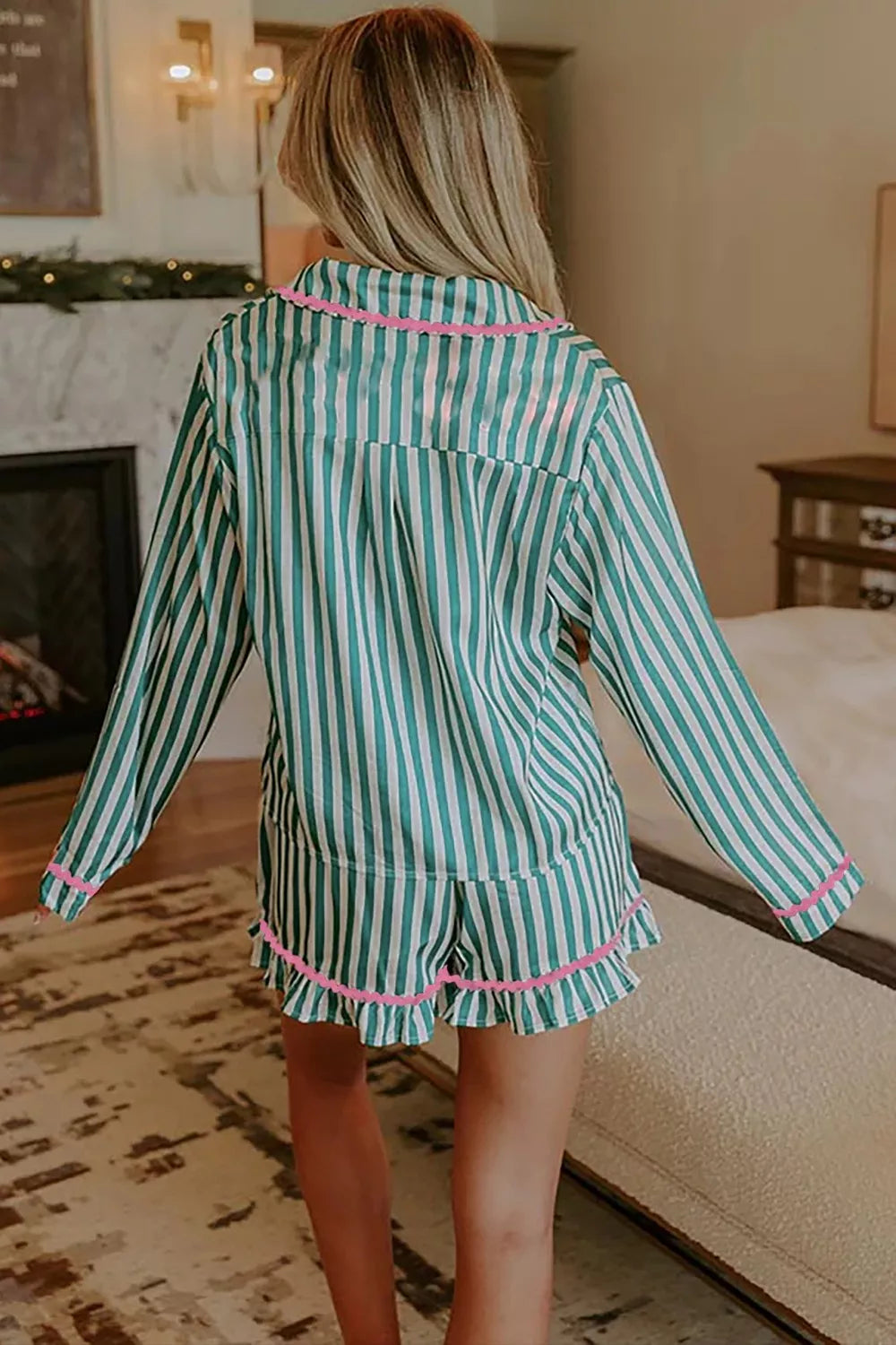 Stripe Contrast Ricrac Trim Long Sleeve Shirt Drawstring Ruffled Pajama Short Set