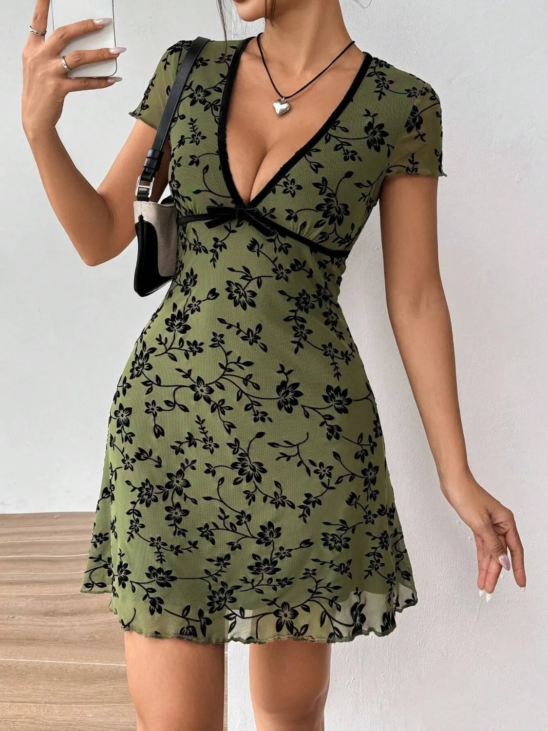 Printed V-Neck Short Sleeve Mini Dress