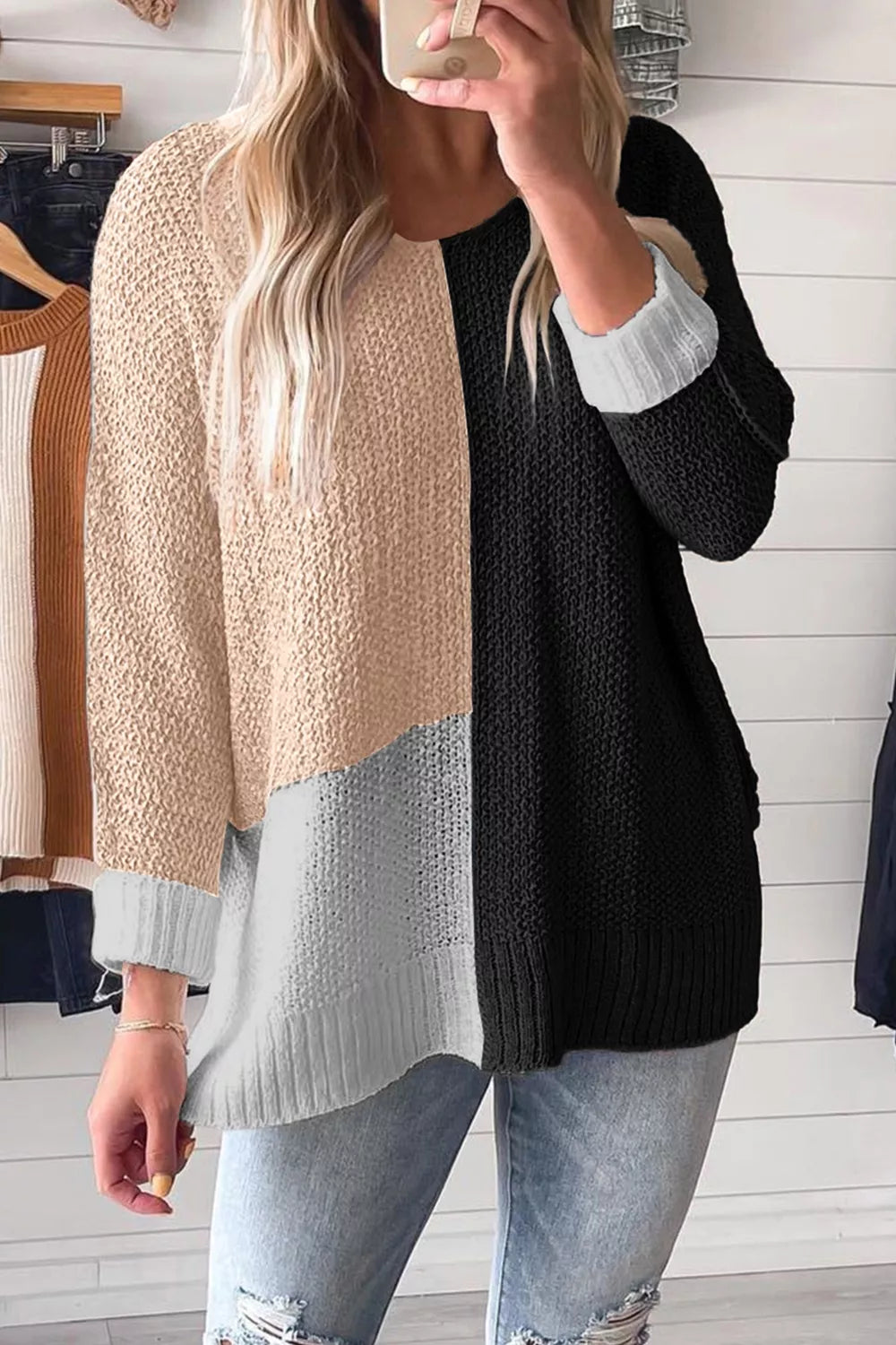 Color Block Knit V Neck Loose Sweater