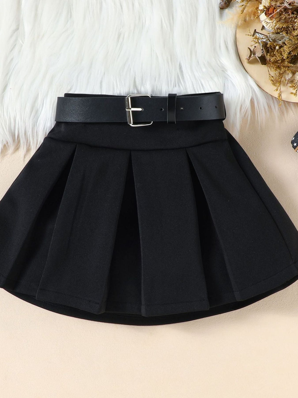 Children's Ruffle Sleeve Top & Pleated Skirt Set with Hat and Belt