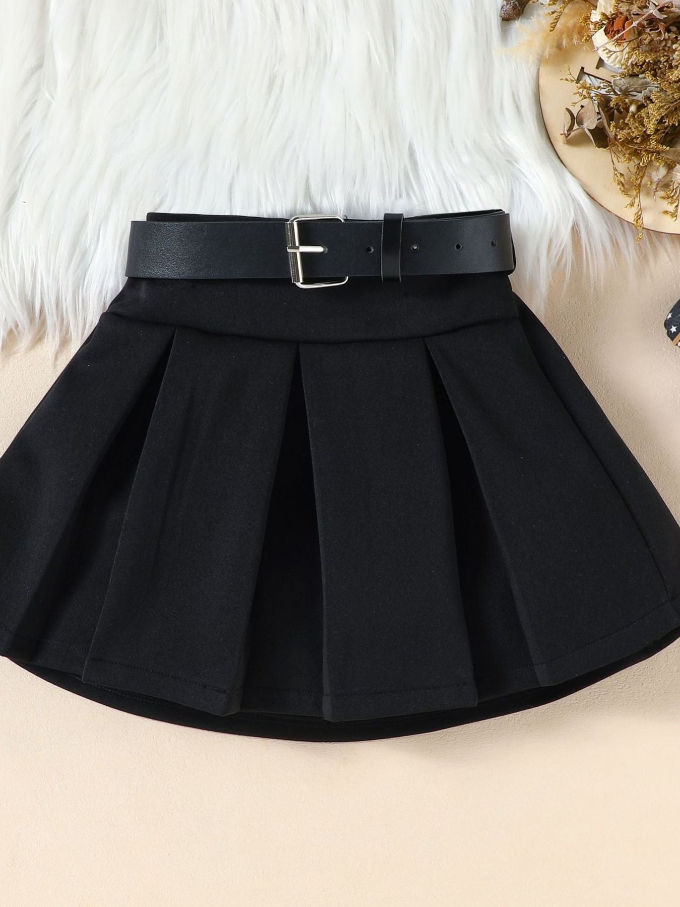 Children's Ruffle Sleeve Top & Pleated Skirt Set with Hat and Belt