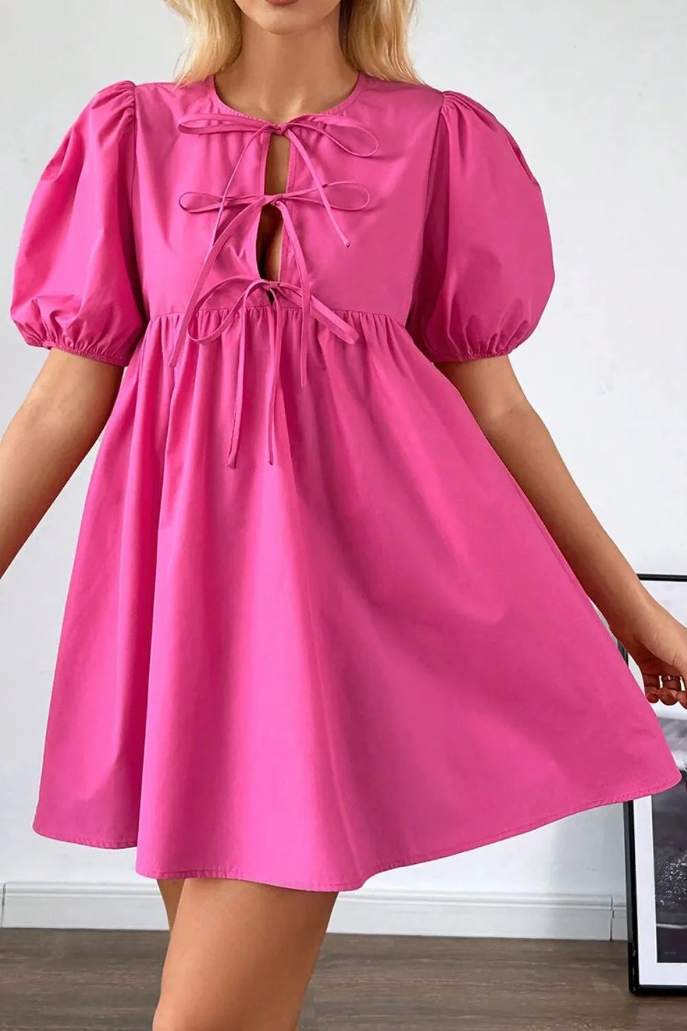 Puff Sleeve Tie Front High Waist Mini Dress