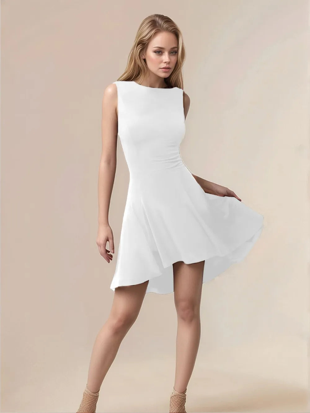 High-Low Round Neck Sleeveless Mini Dress