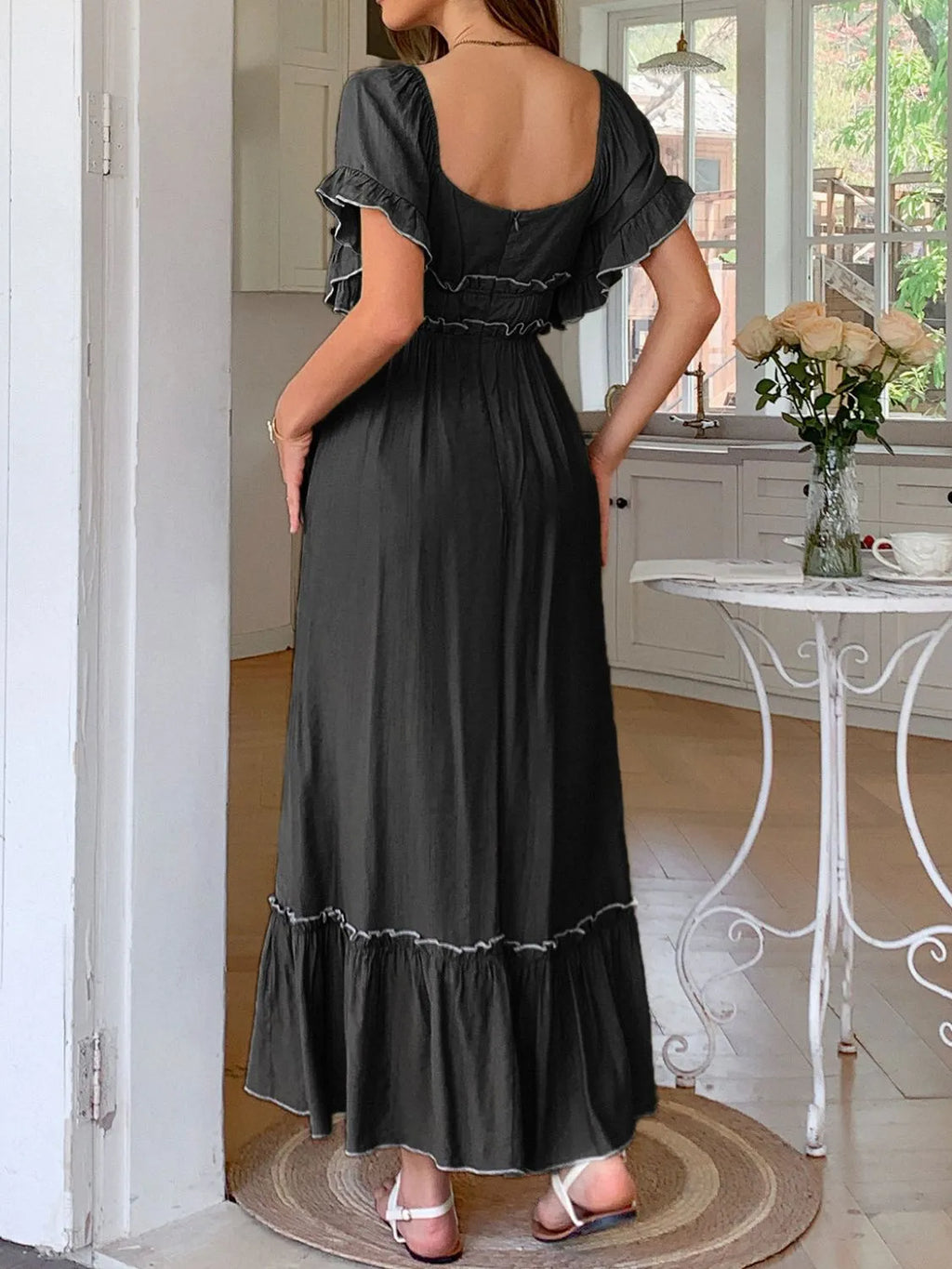 Square Neck Puff Sleeve Ruffle Trim Maxi Dress
