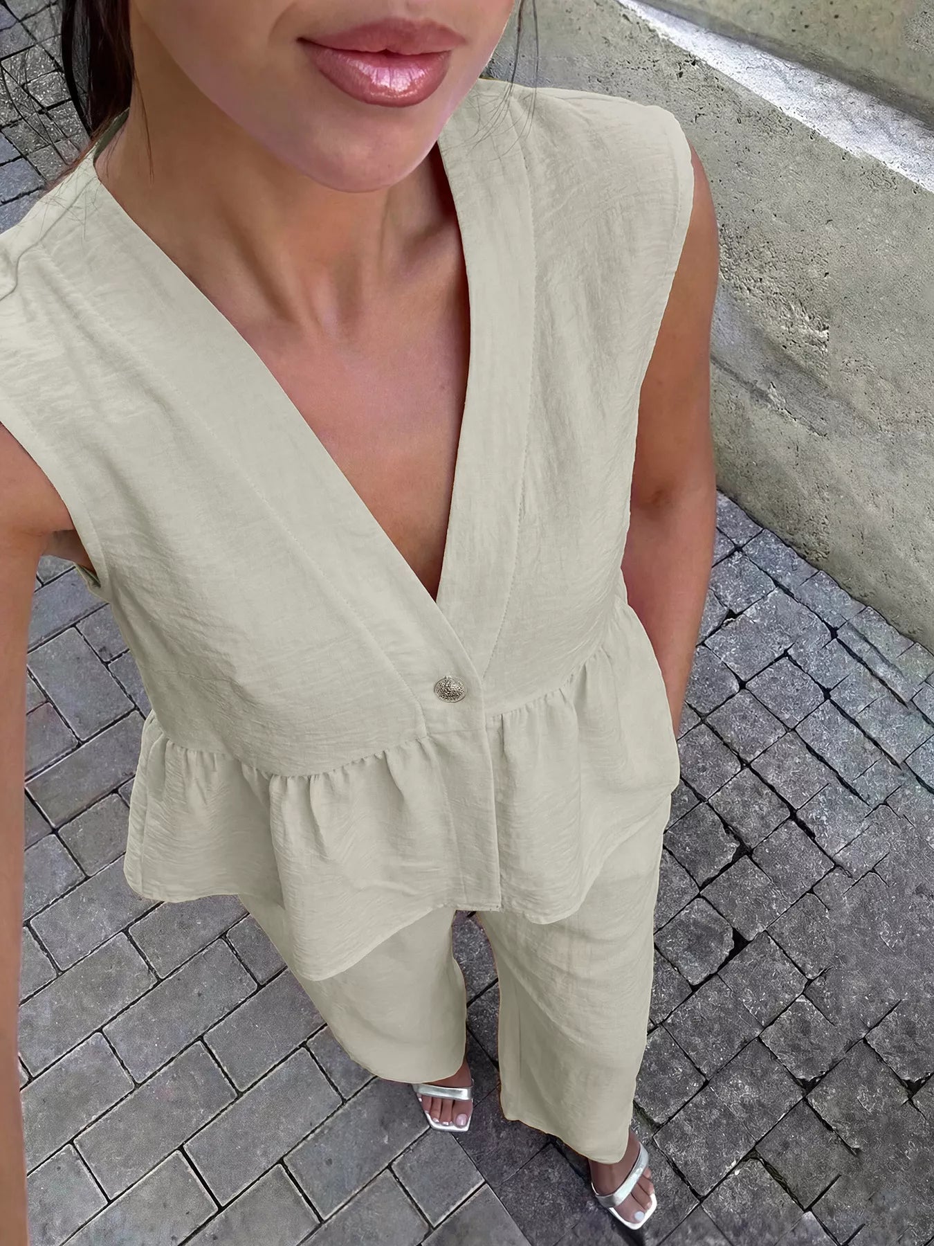 One Button Top and Wide Leg Pants Set