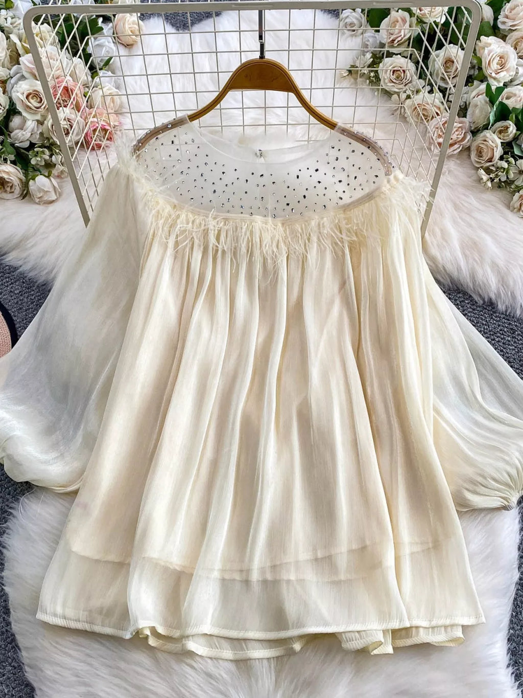 Rhinestone Mesh Panel Blouse