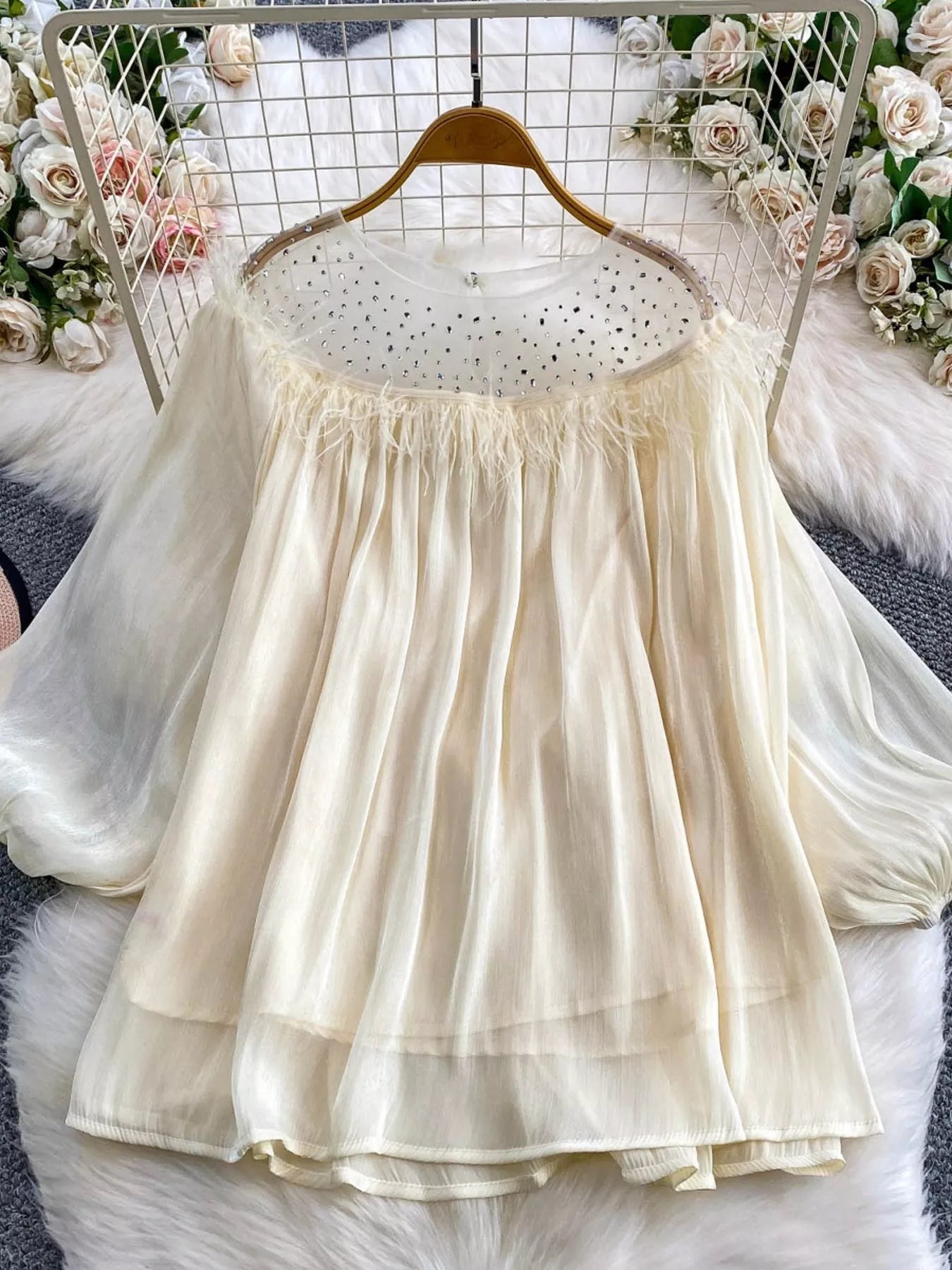 Rhinestone Mesh Panel Blouse