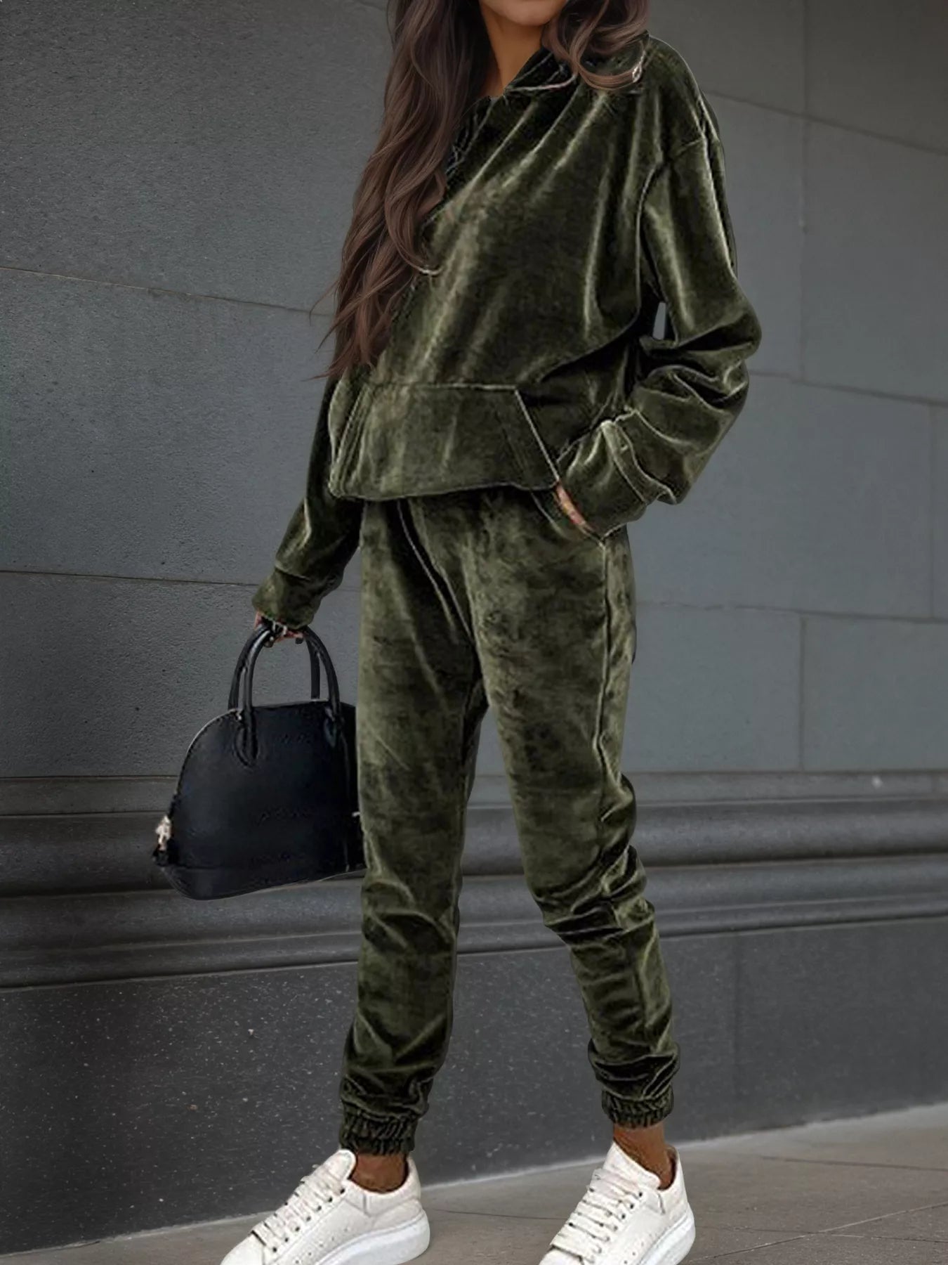 Velvet Long Sleeve Hoodie and Pants Set