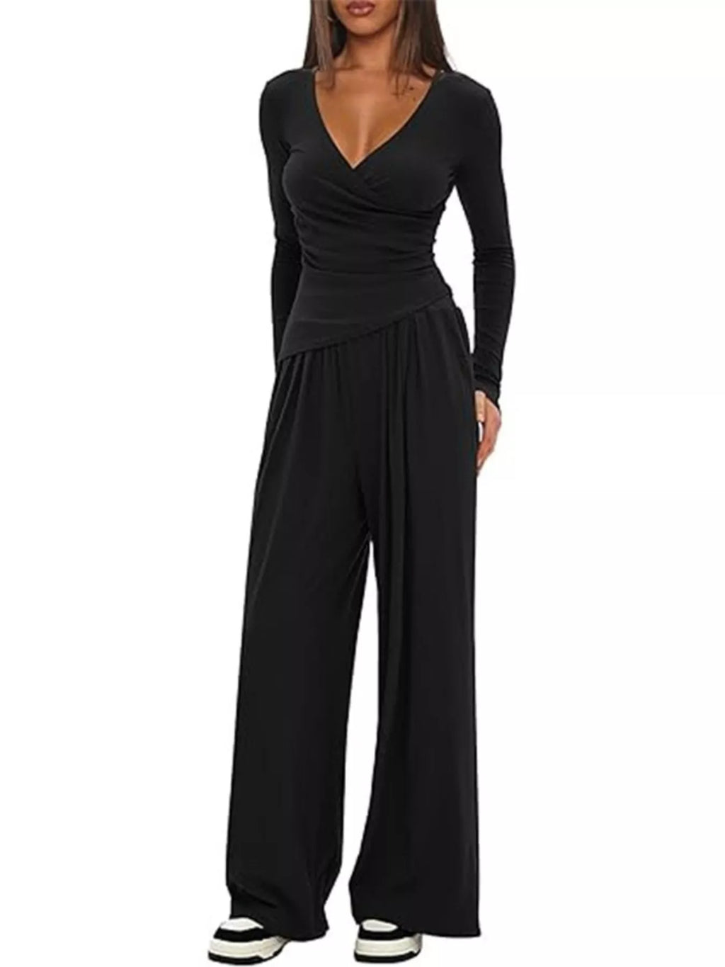 Casual Long Sleeve Top and Wide Leg Pants Set