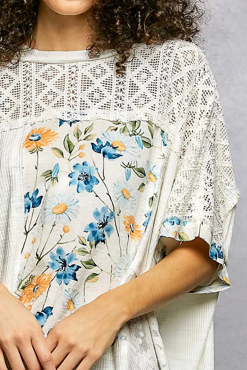 POL Floral Patchwork Lace Accent Blouse