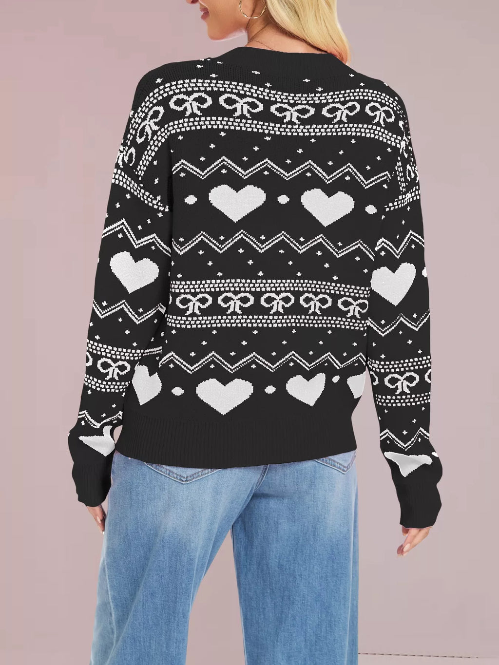 Heart & Bow Pattern Round Neck Sweater