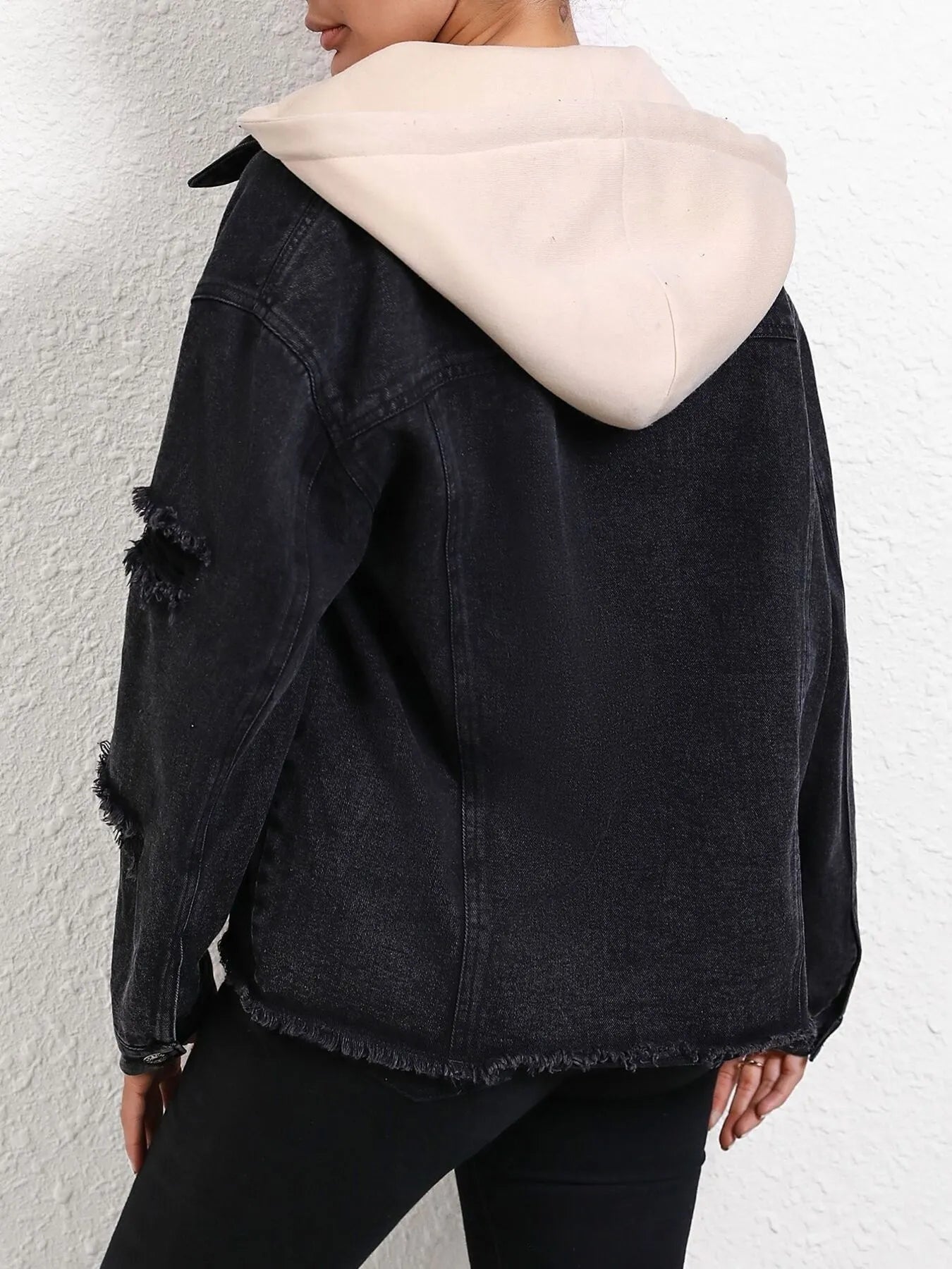 Distressed Drawstring Button Up Hooded Denim Jacket