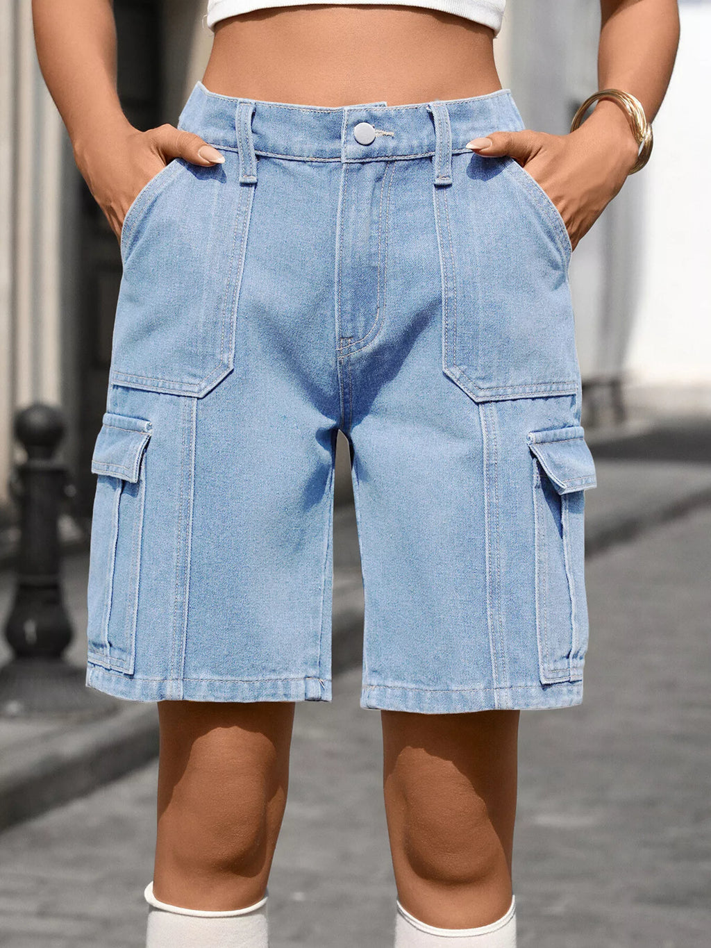 High-Waisted Wash Denim Shorts