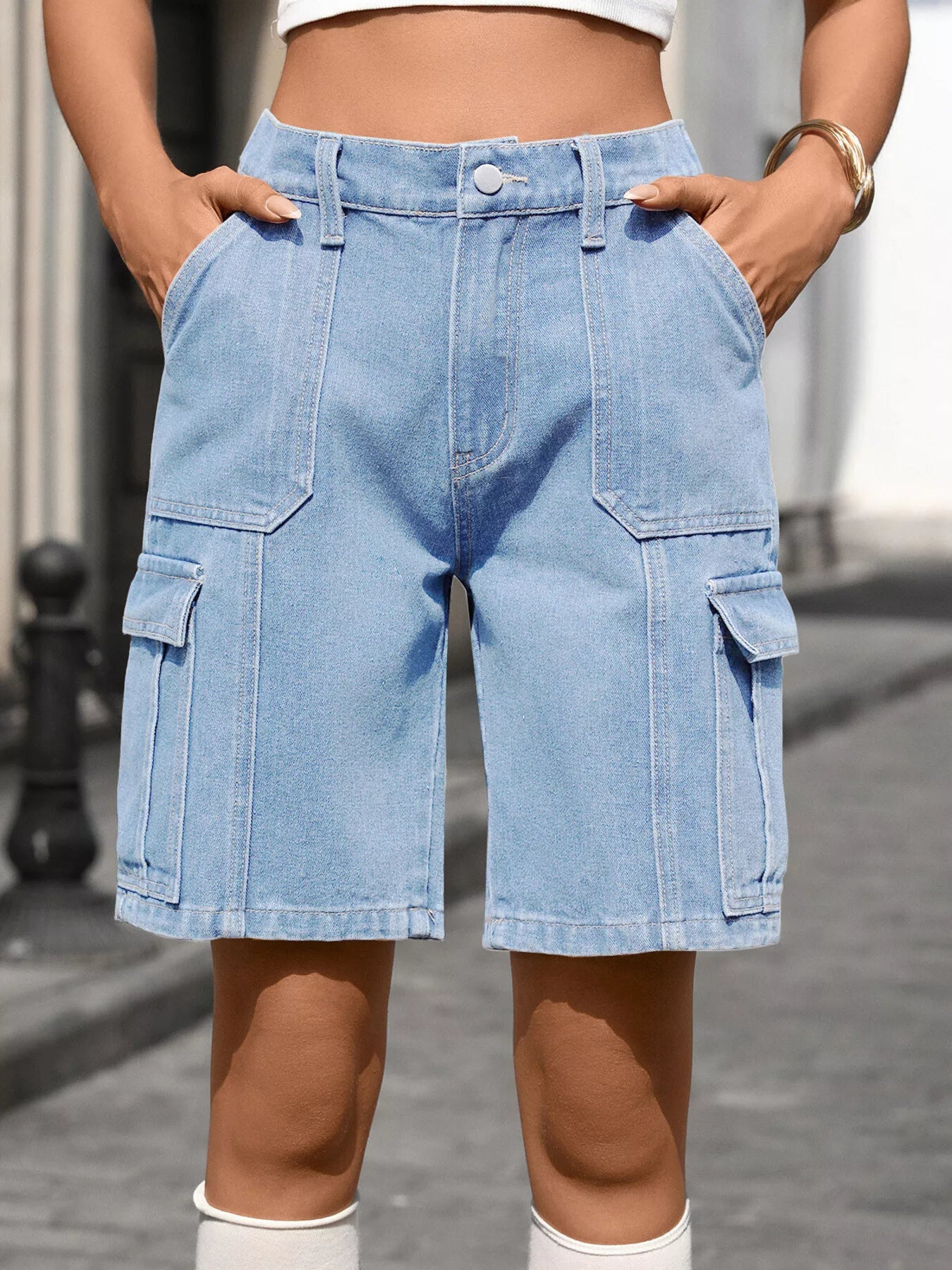 High-Waisted Wash Denim Shorts
