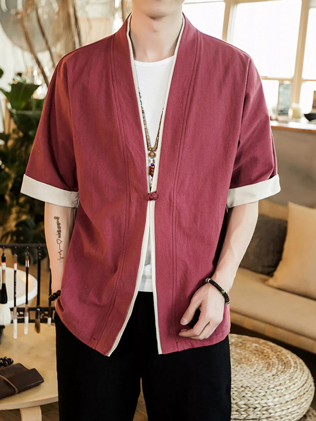 Men's Plus Size Contrast Trim Half Sleeve Shirt