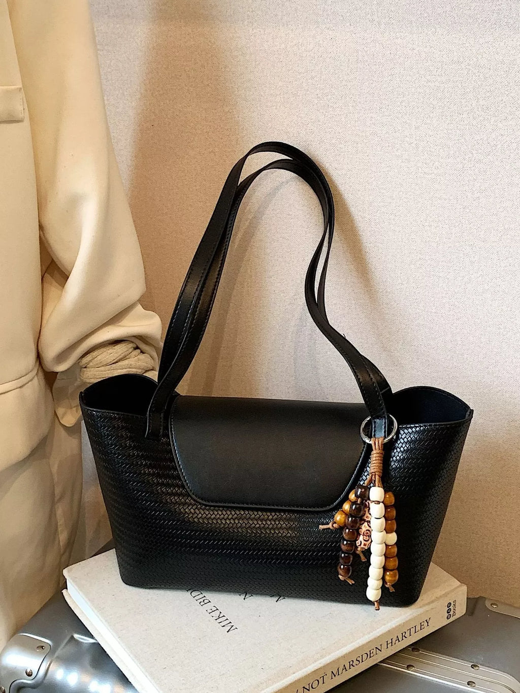 Texture Tote Bag with Beaded Charm