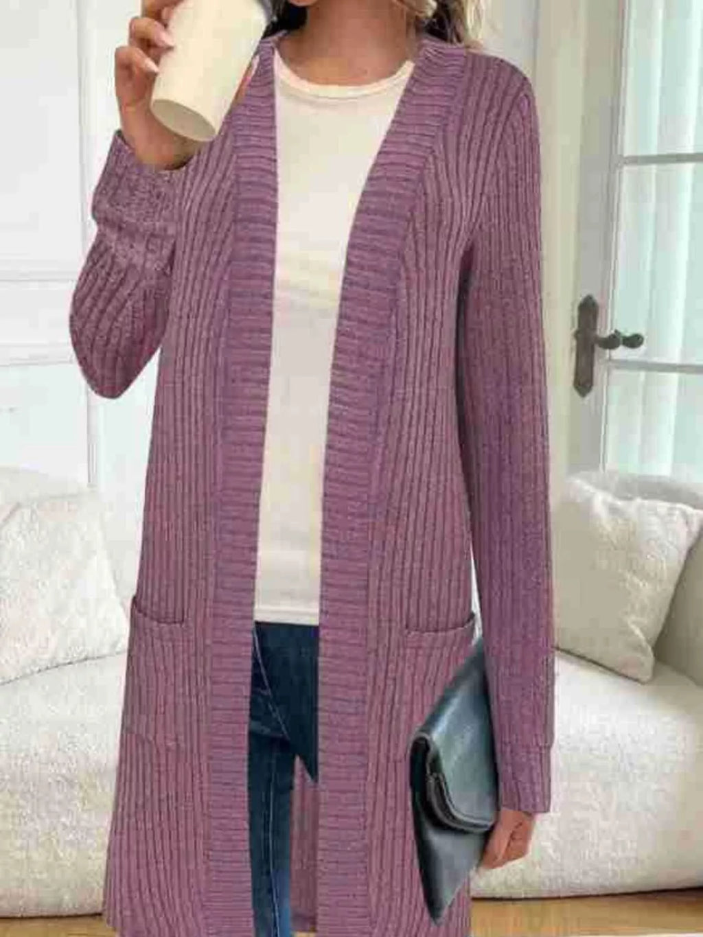 Ribbed Knit Open Front Cardigan