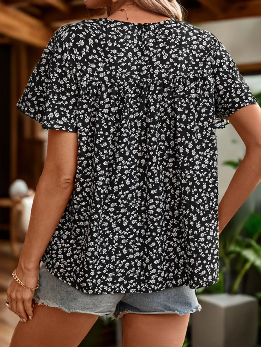 Perfee Lace Detail Floral Round Neck Short Sleeve Blouse