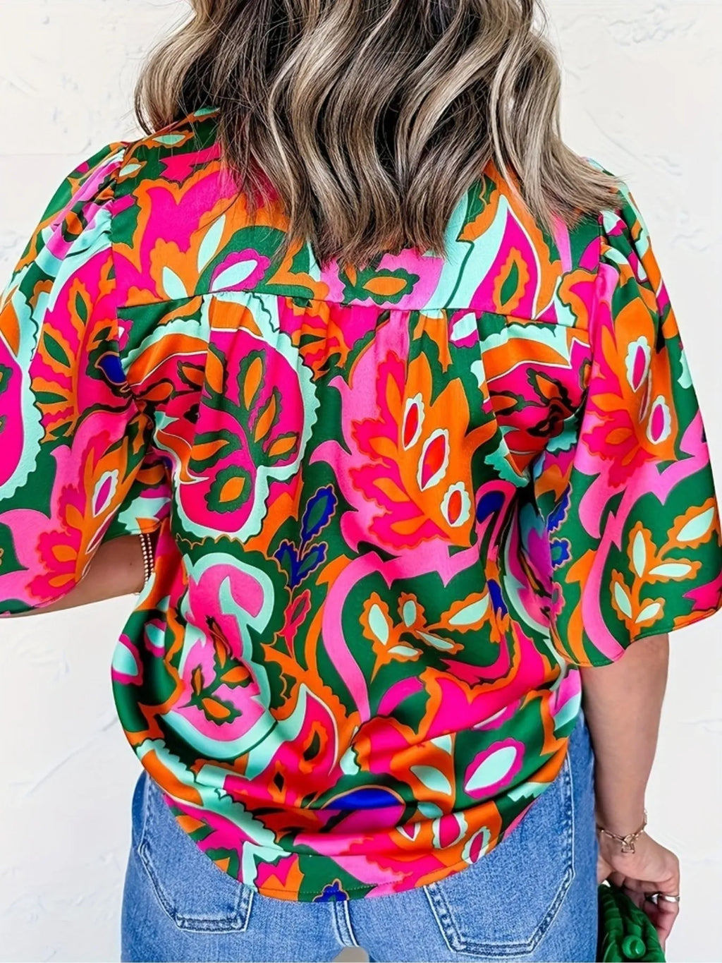 Printed Tie Neck Short Sleeve Blouse