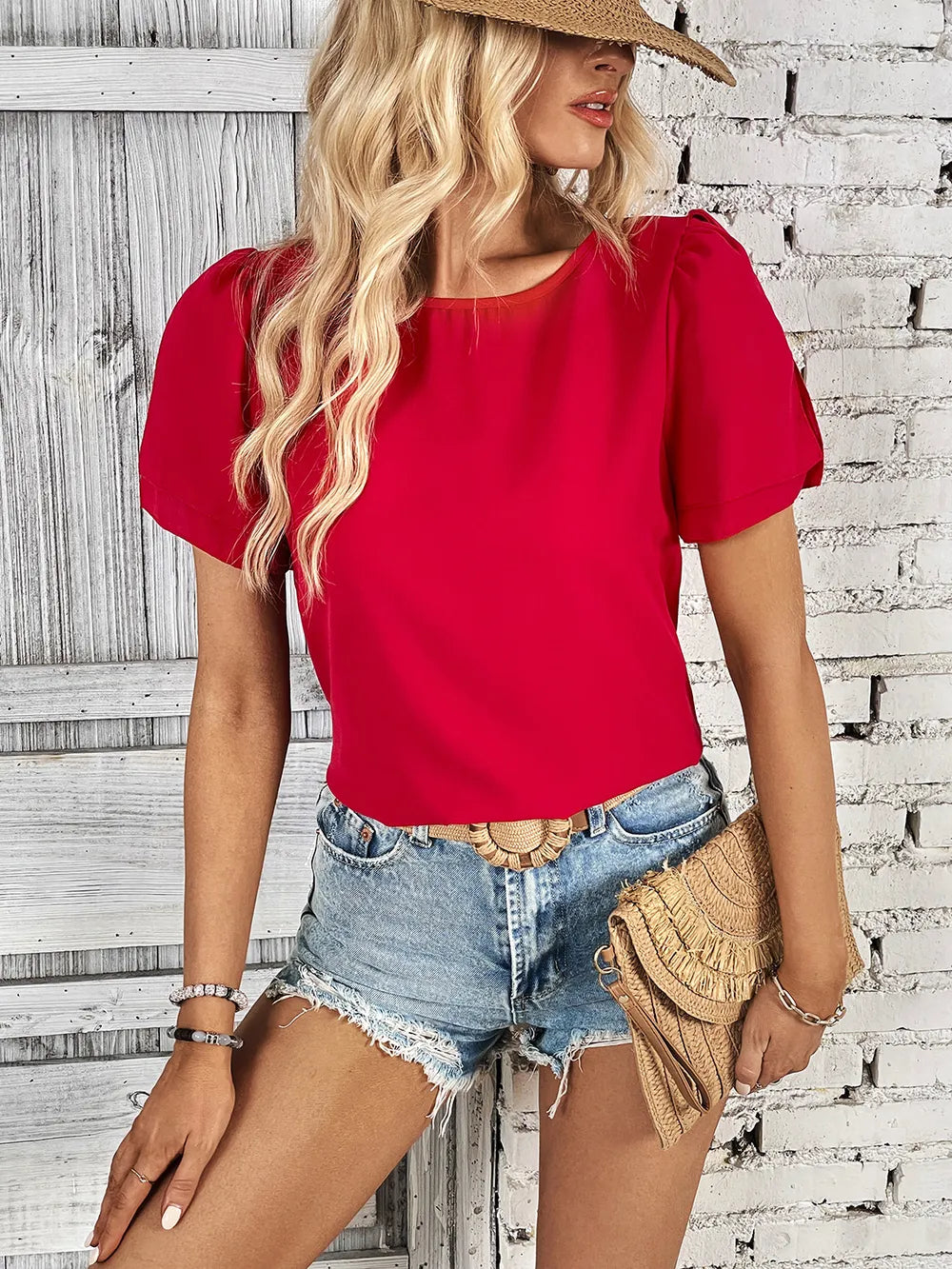 Perfee Round Neck Slit Short Sleeve Top