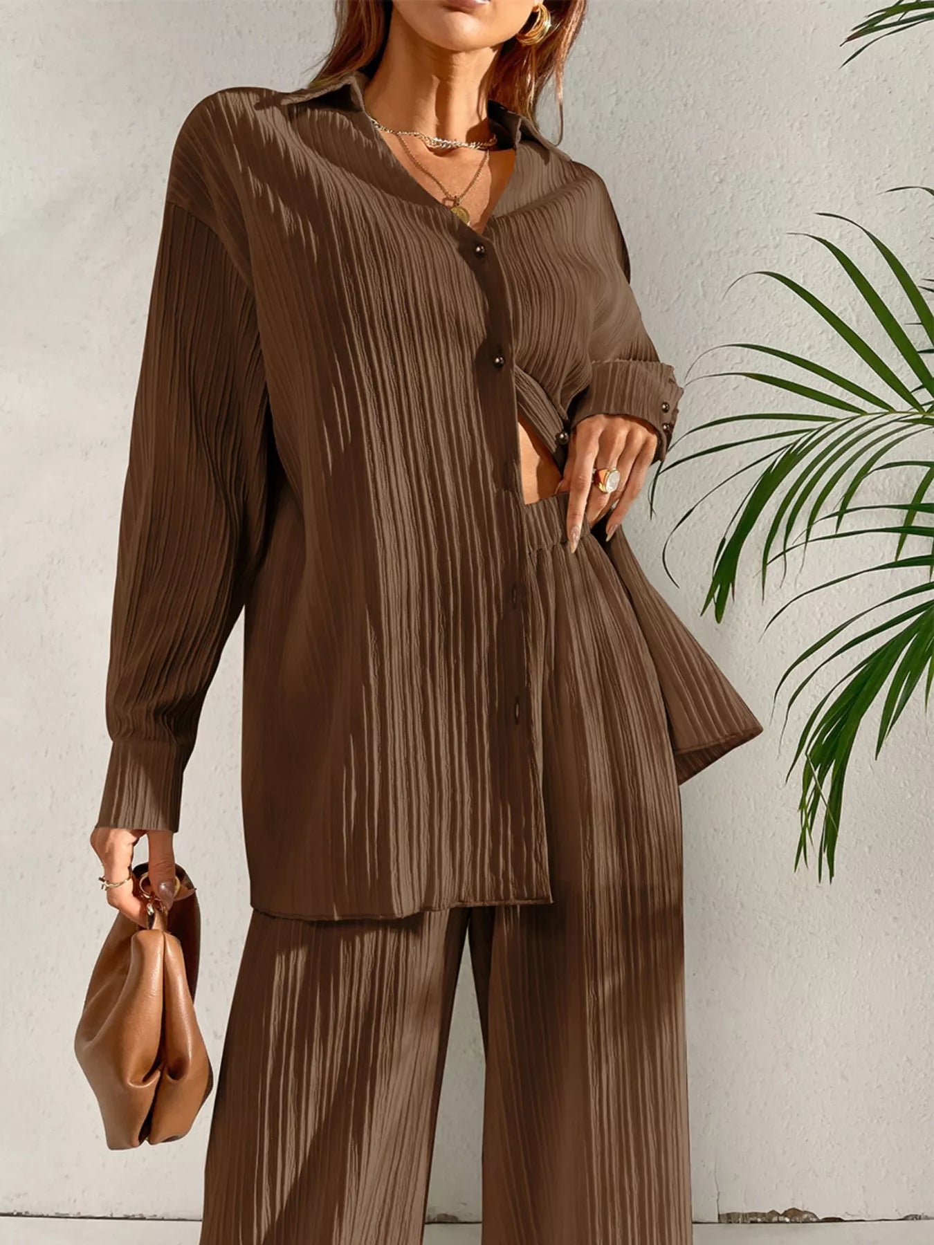 Long Sleeve Shirt & Wide Leg Pants Set
