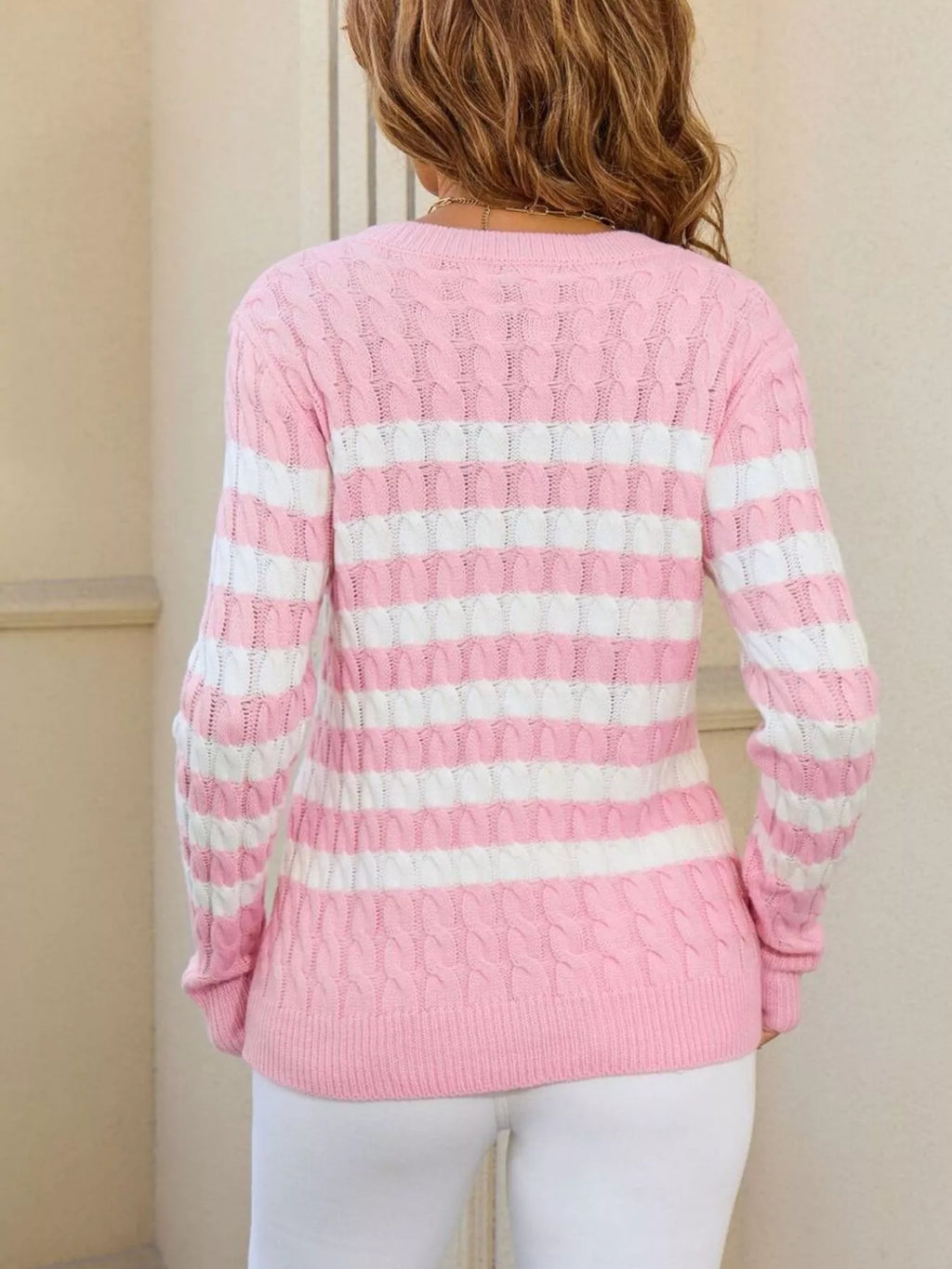 Striped Cable Knit Round Neck Sweater