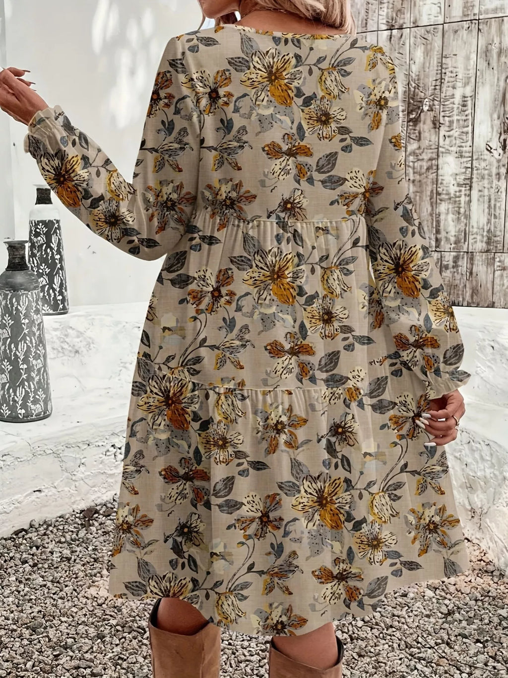 Floral Print Tiered Ruffle Hem Long Sleeve Dress