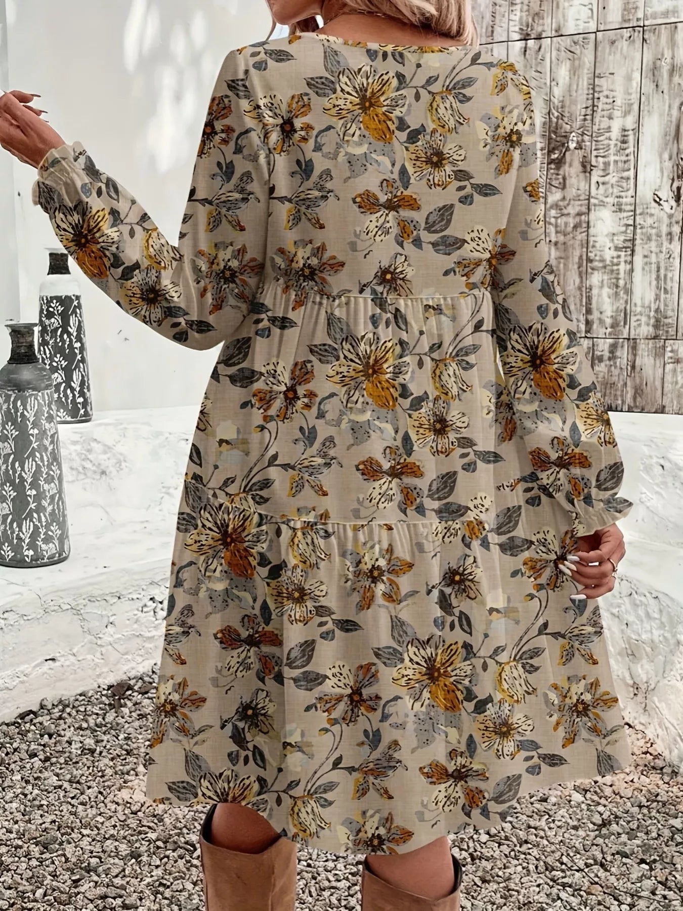 Floral Print Tiered Ruffle Hem Long Sleeve Dress