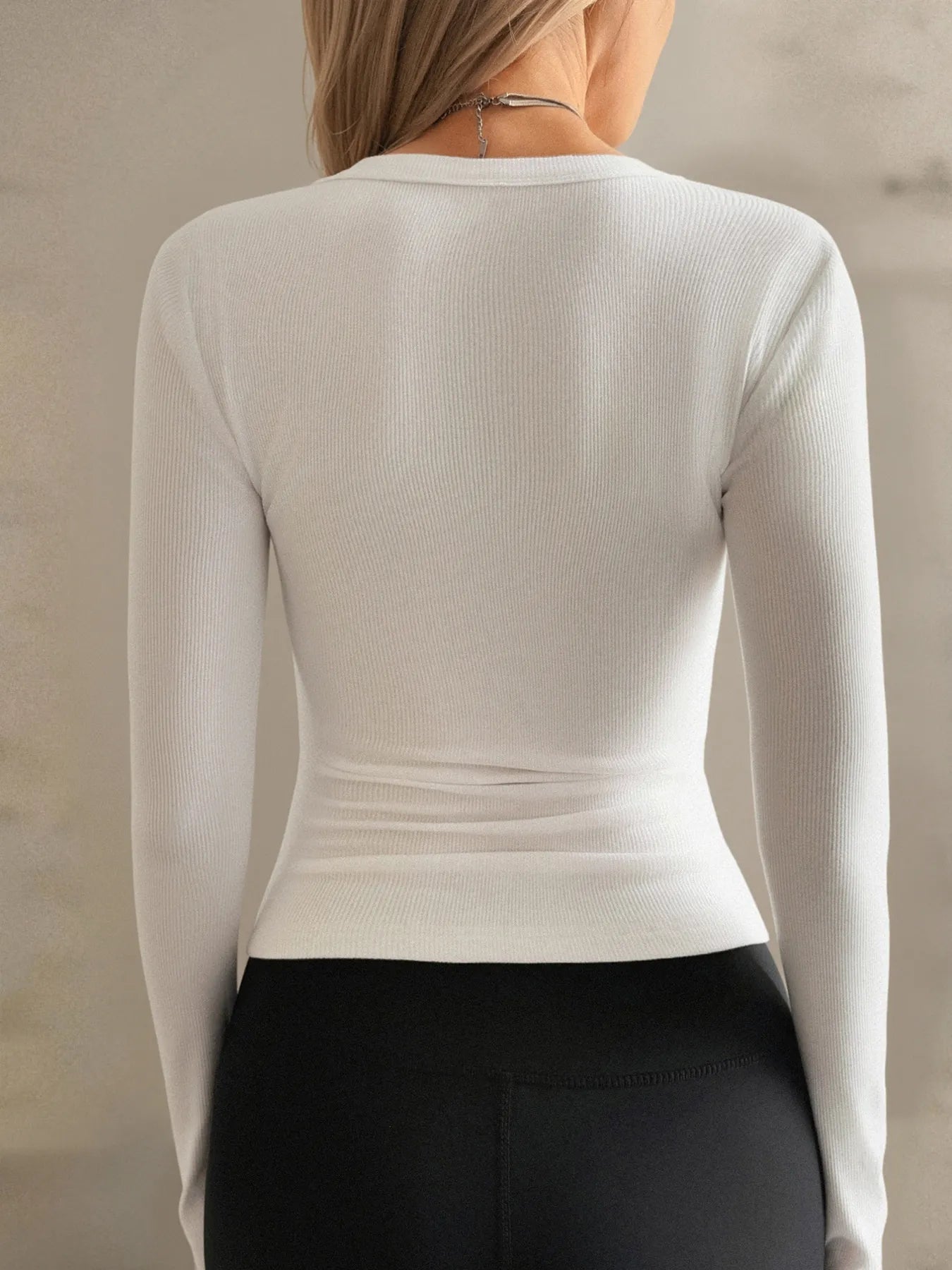 Ribbed V-Neck Long Sleeve T-Shirt