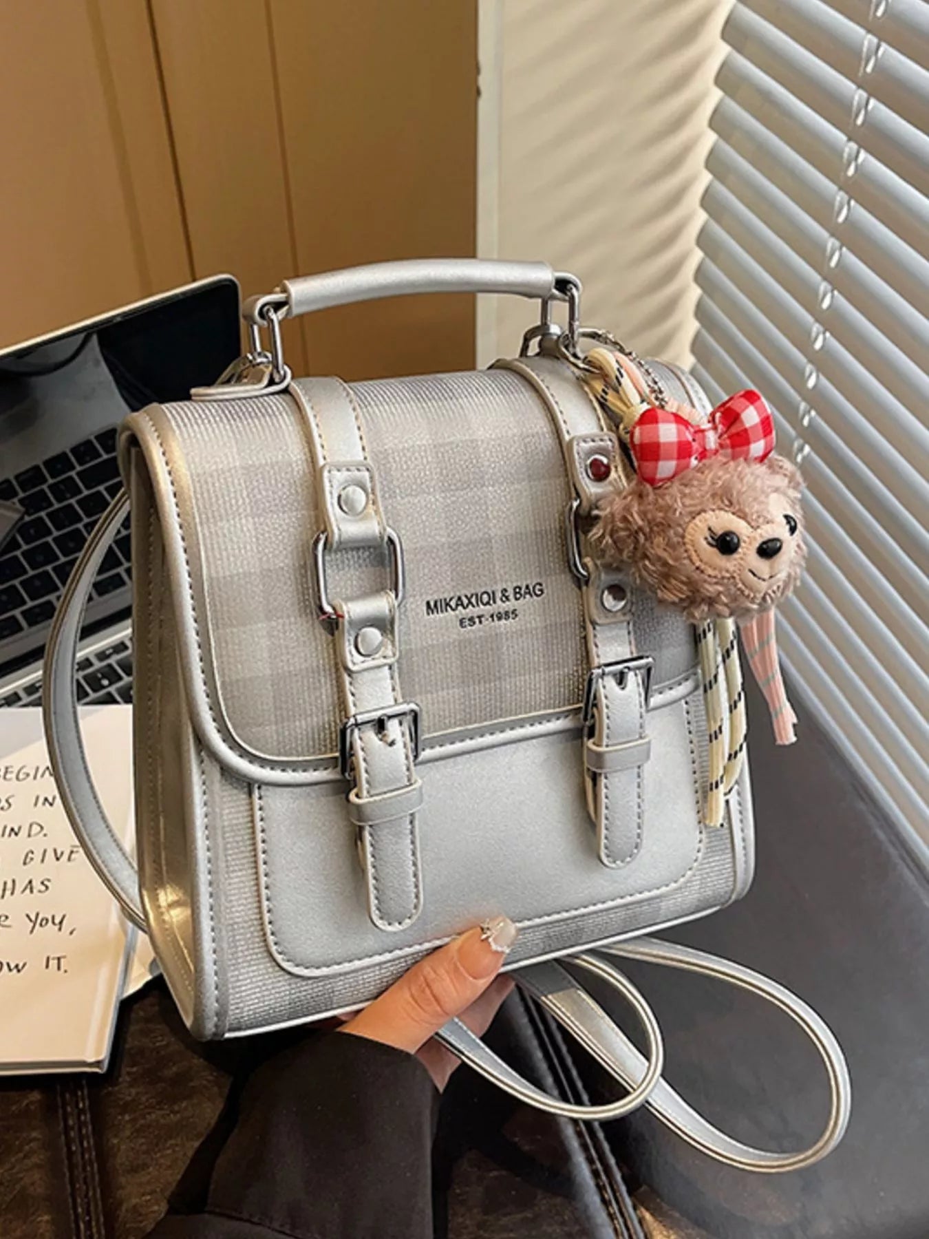 Plaid Backpack Bag with Charm