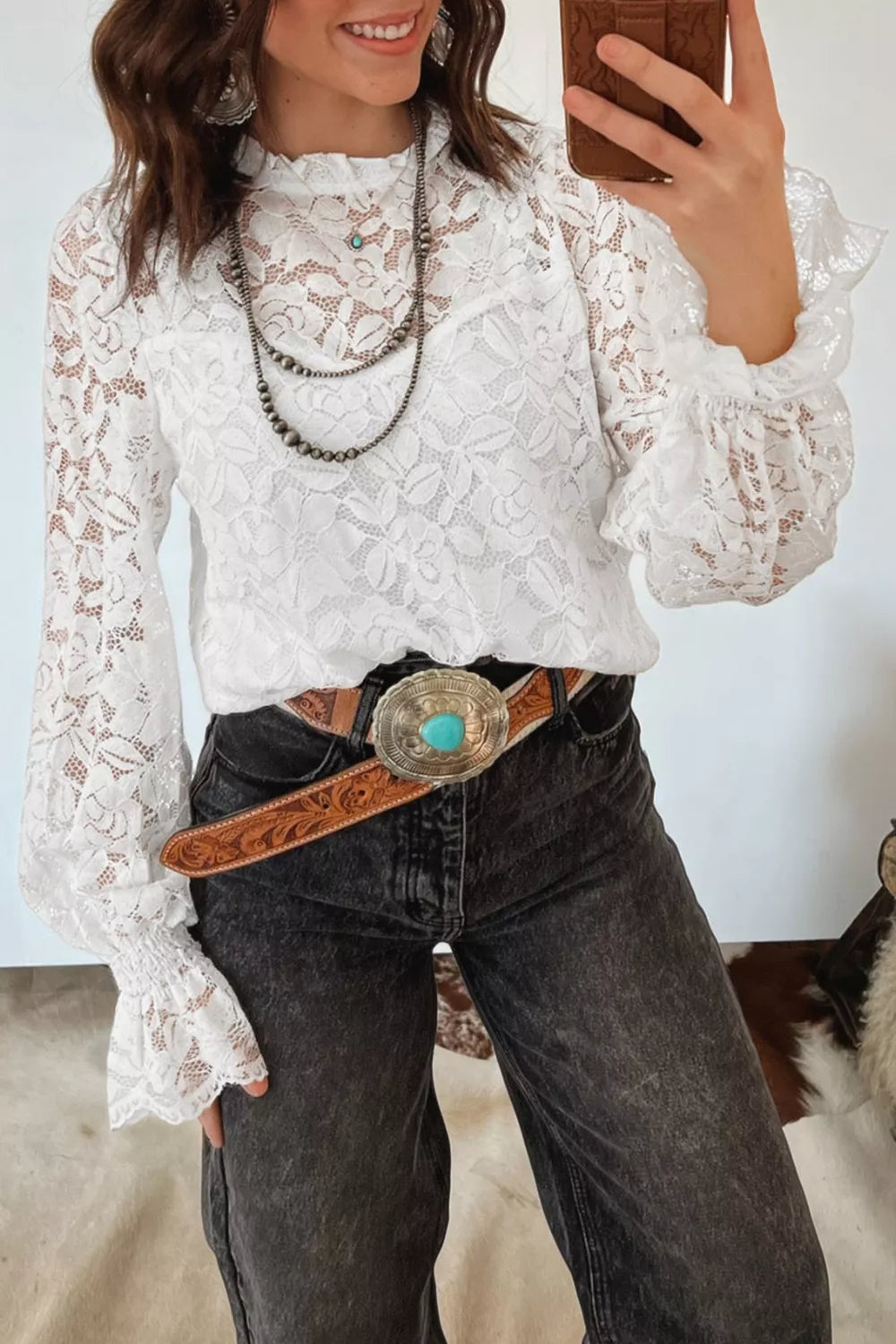 Ruffled Round Neck Long Flounce Sleeve Sheer Lace Blouse