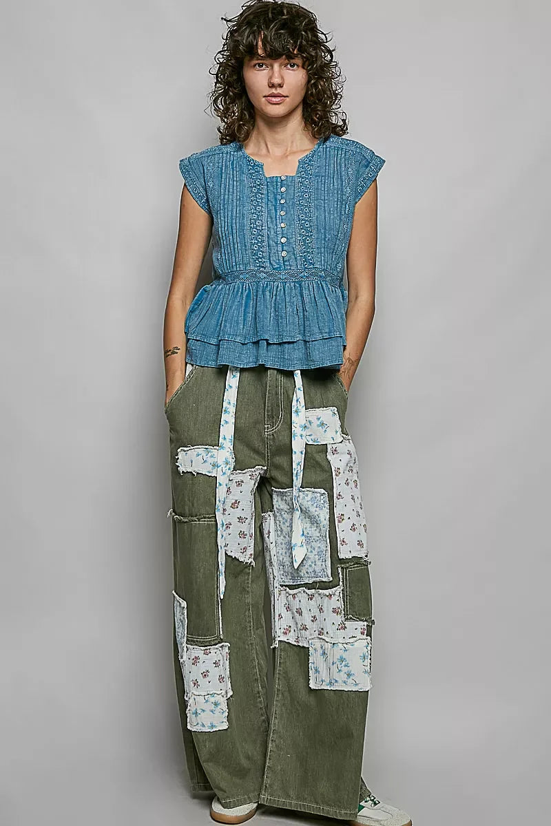 POL Eyelet Embroidery Pintuck Sleeveless Cotton Blouse