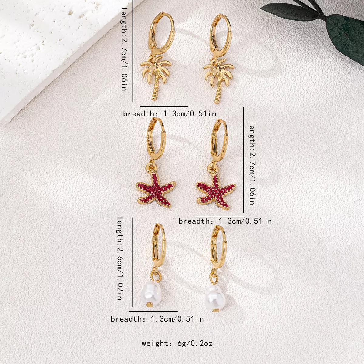 3-Pair 18K Gold-Plated Alloy Drop Earrings