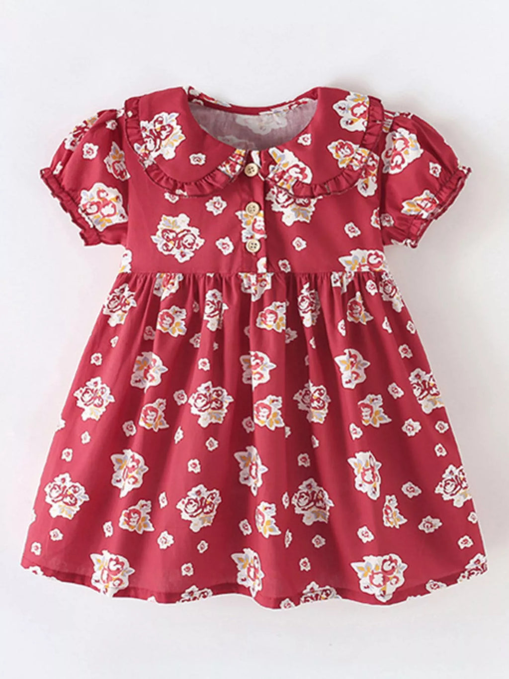 Children's Floral Print Ruffle Collar Button-Front Dress