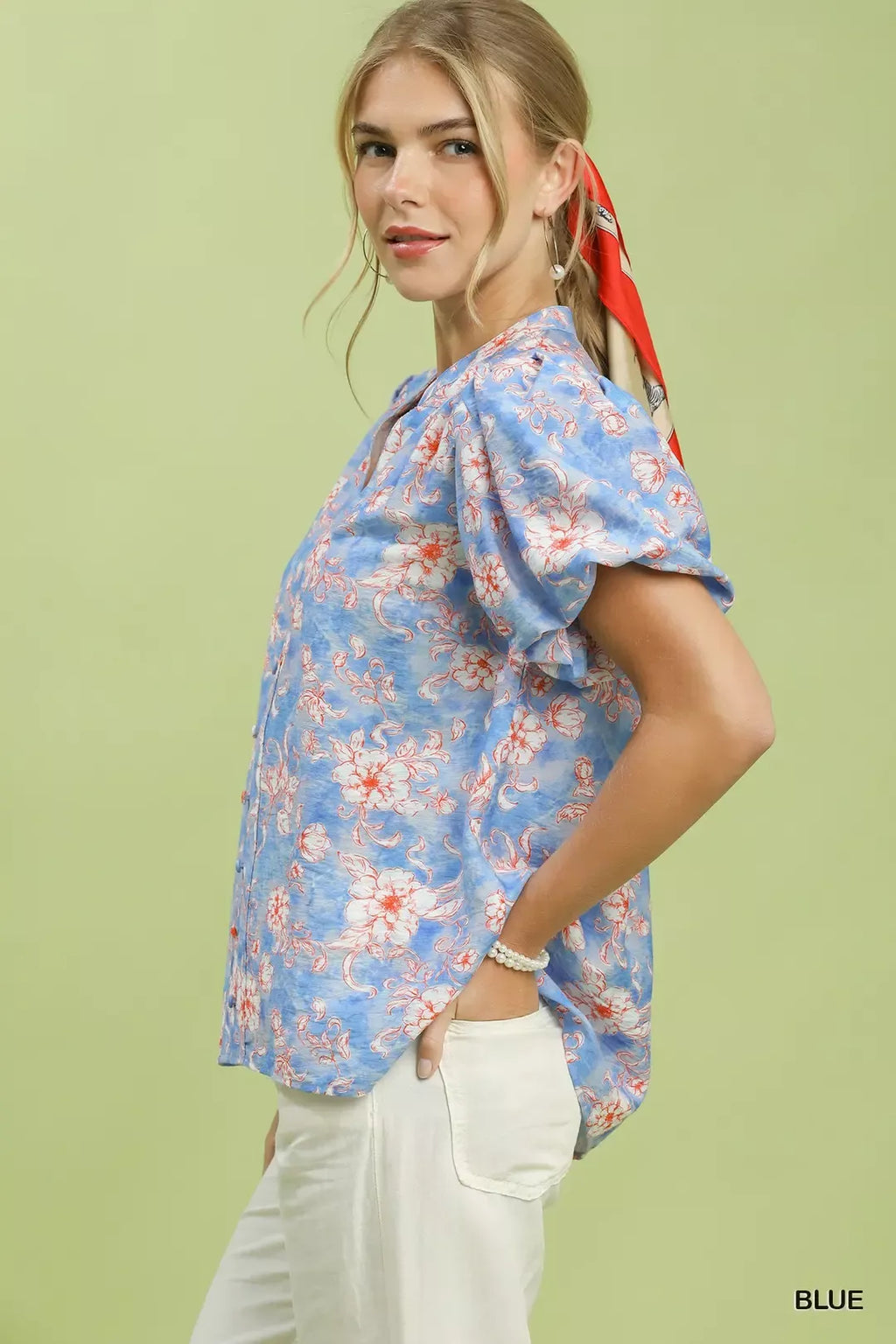Umgee Floral Button-Front Short Sleeve Shirt