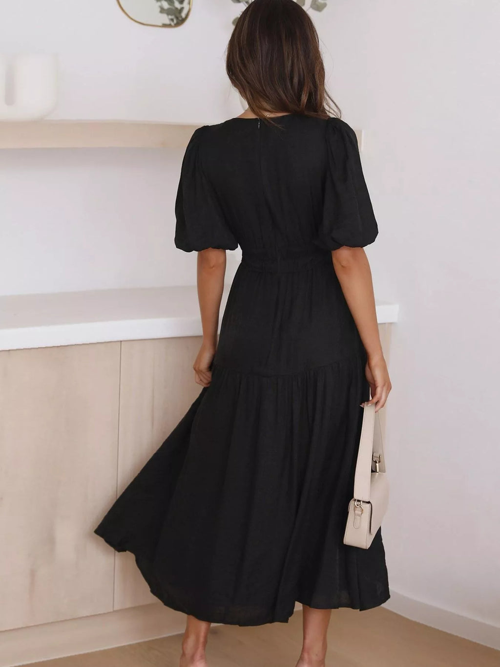 V-Neck Puff Sleeve Midi Dress
