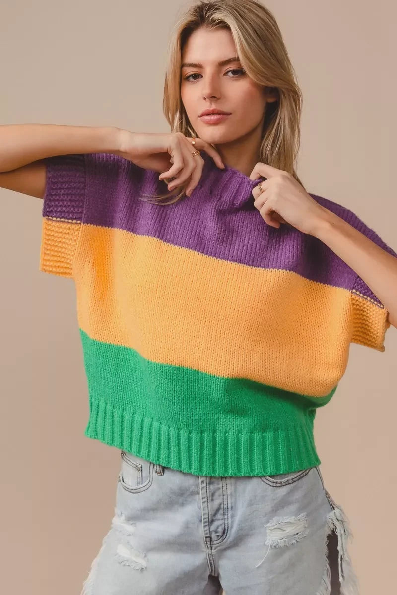 BiBi Mardi Gras Color Block Drop Shoulder Sweater Top