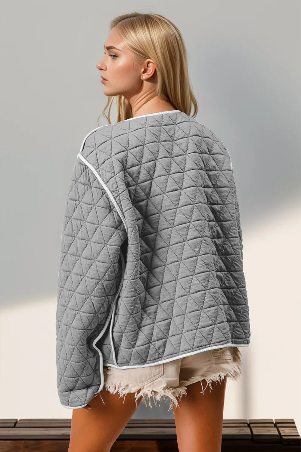 Double Take Contrast Trim Tie Front Quilted Jacket with Pockets