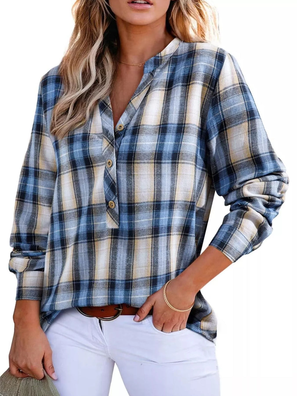 Plaid Half Button Long Sleeve Blouse
