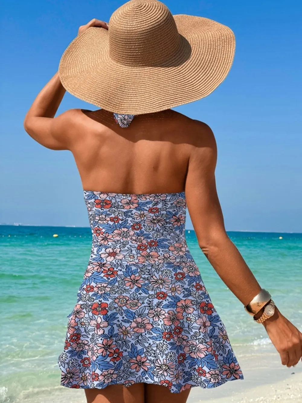 Cutout Printed Halter Neck One-Piece Swimwear