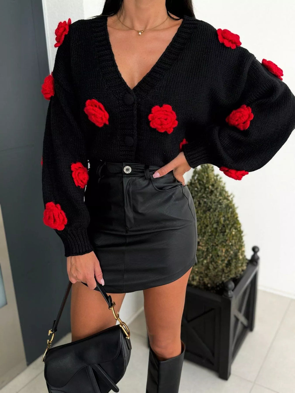 Rose Embellished V-Neck Cardigan