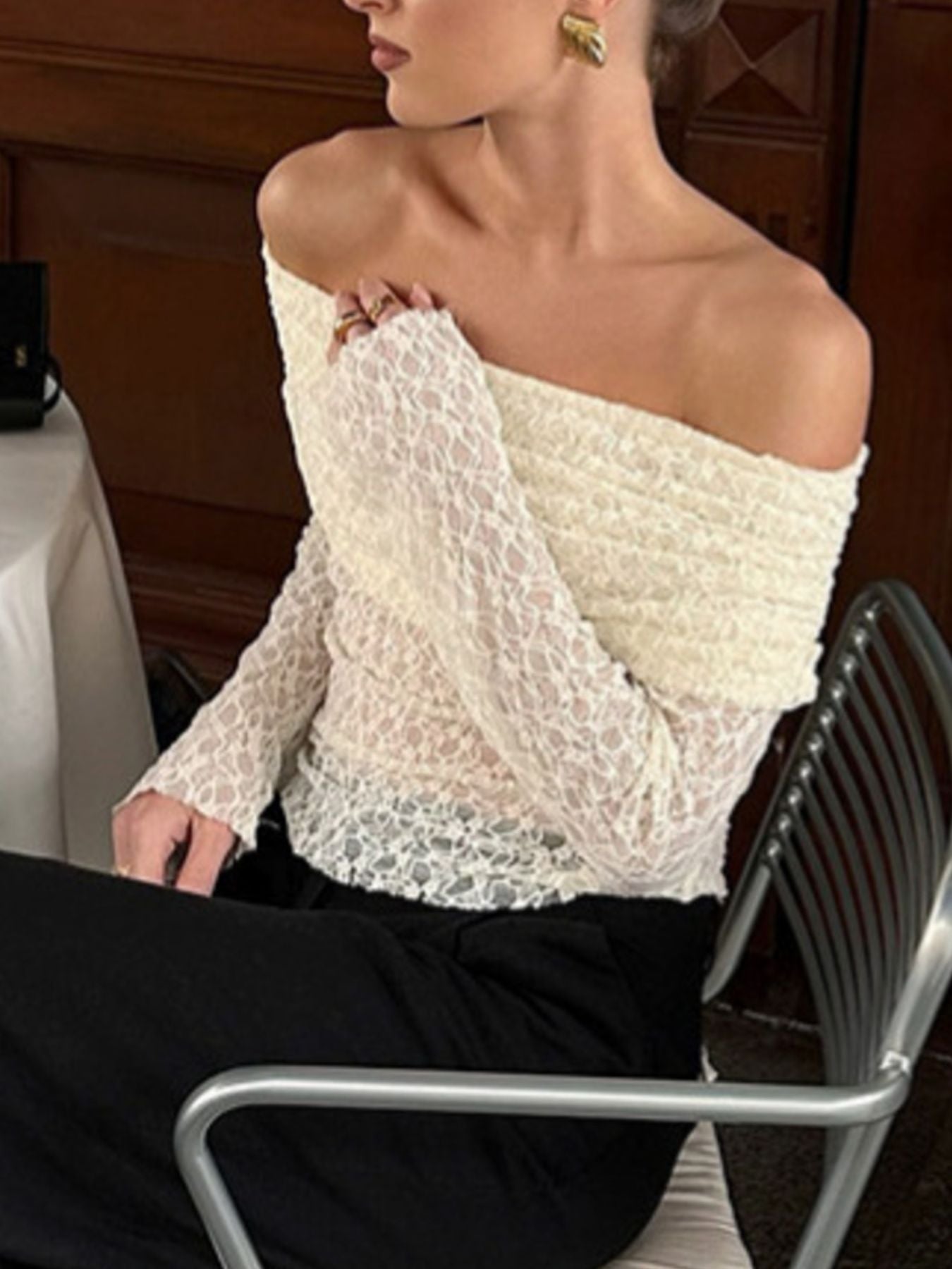 Off Shoulder Long Sleeve Lace Top