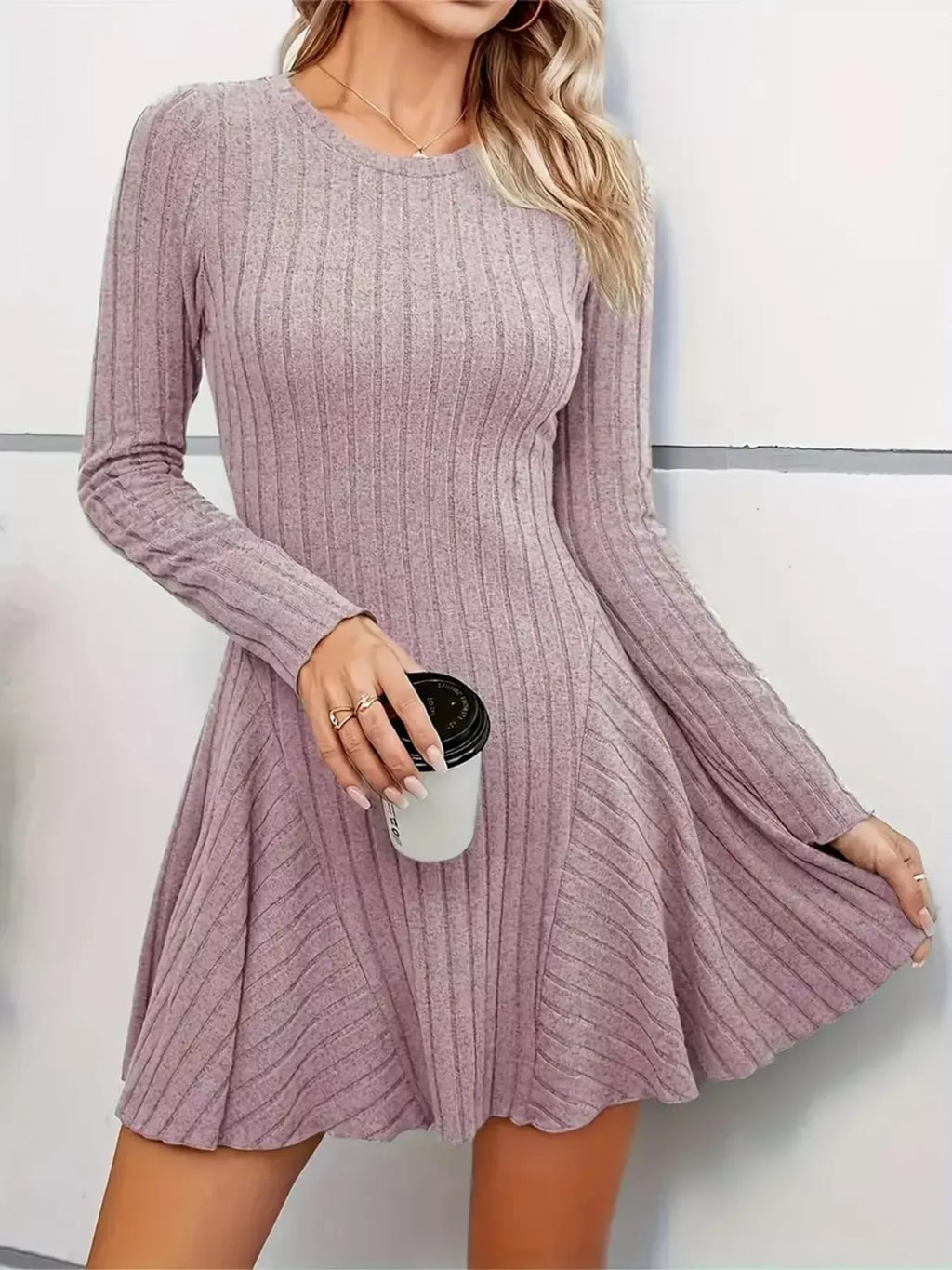 Ribbed Knit Long Sleeve A-Line Dress