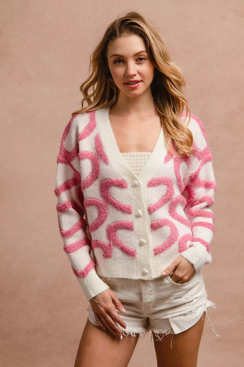 BiBi Textured Heart Buttoned V Neck Cardigan