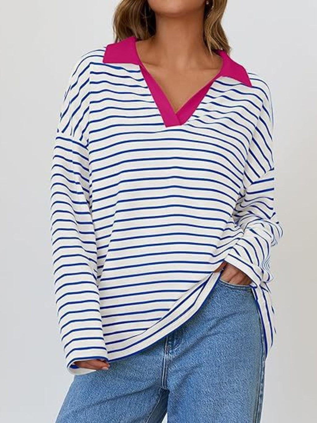 Striped Contrast Collar Long Sleeve Top