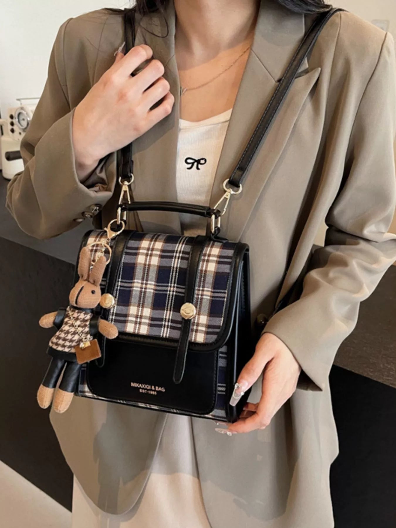 Plaid Pattern Flap Backpack Bag