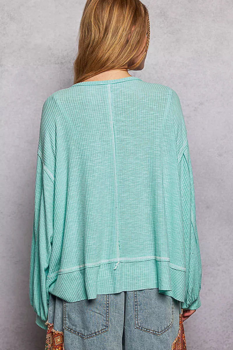 POL Round Neck Long Sleeve Exposed Seam Top with Chest Pocket