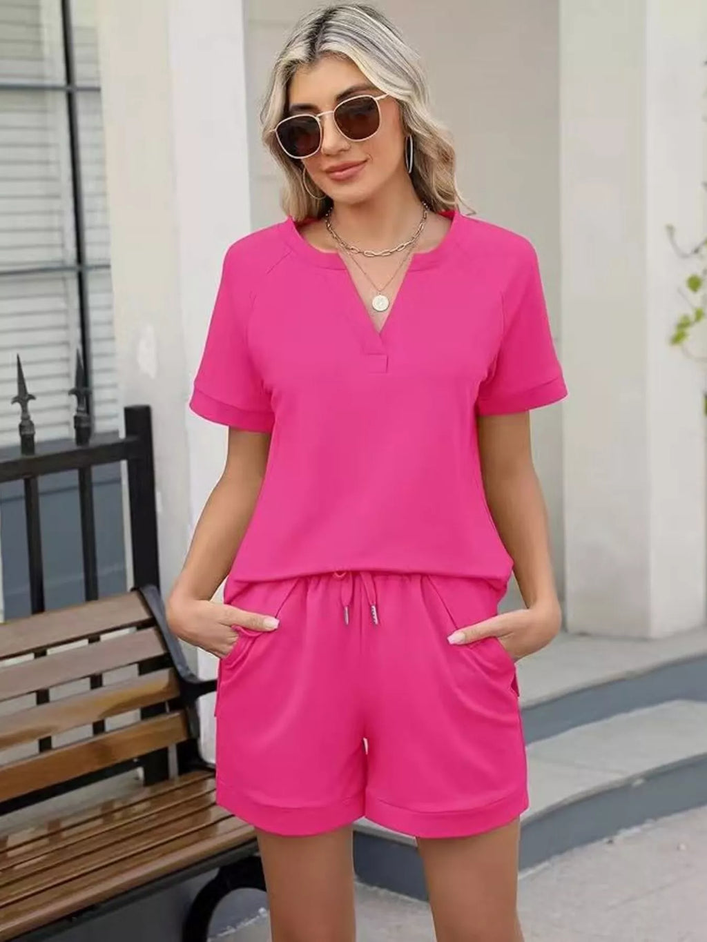 Solid Color Short Sleeve Top and Shorts Two-Piece Set